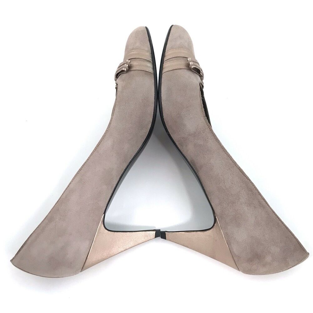 Bally Italy Suede Pumps‎ Taupe Rose Gold Slip On Heels Bow Womens Size 8N - Picture 6 of 11